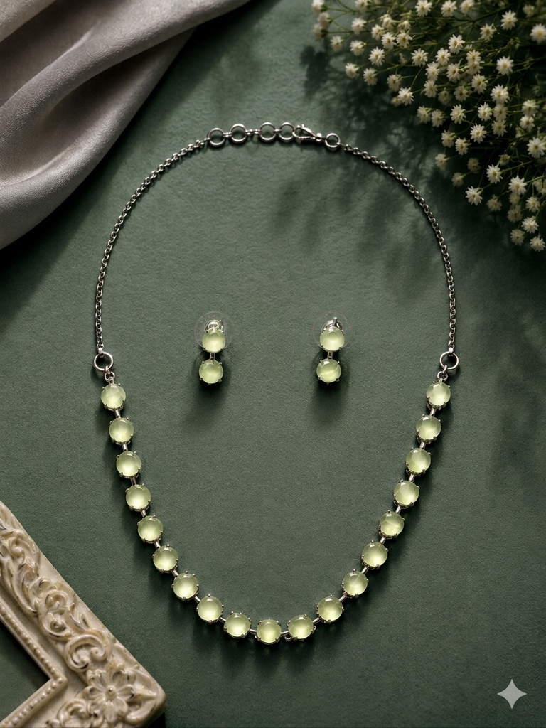 Silver-Tone Mint Green Crystal Necklace Set