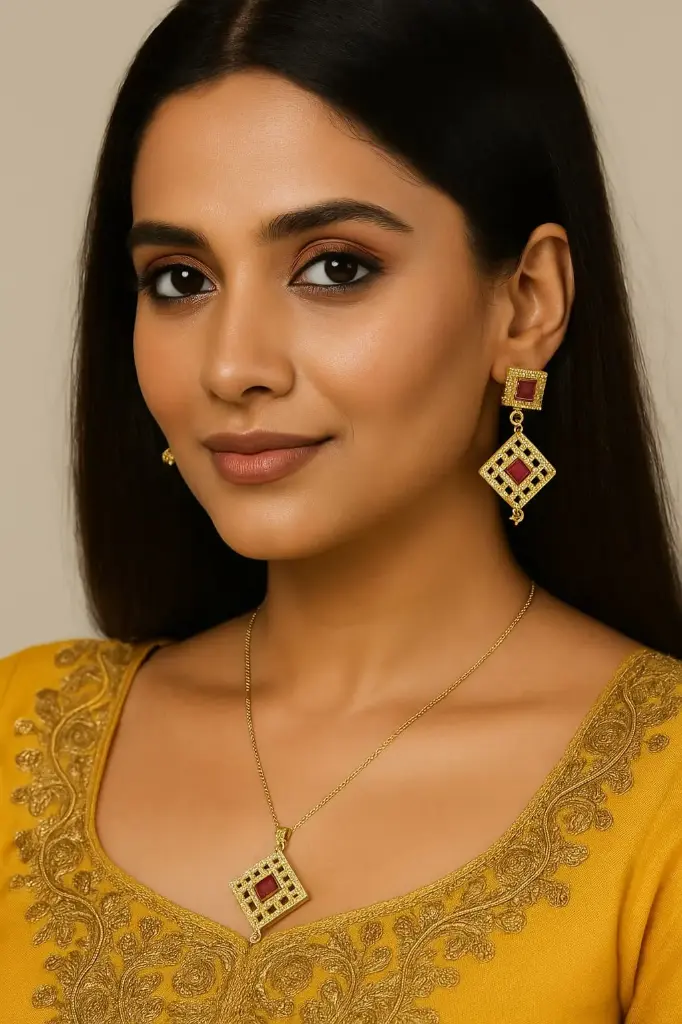 Elegant Square Ruby & CZ Pendant Set with Matching Earrings