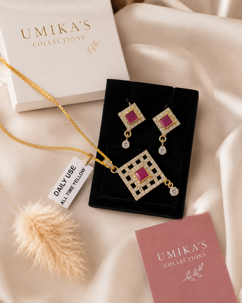 Elegant Square Ruby & CZ Pendant Set with Matching Earrings