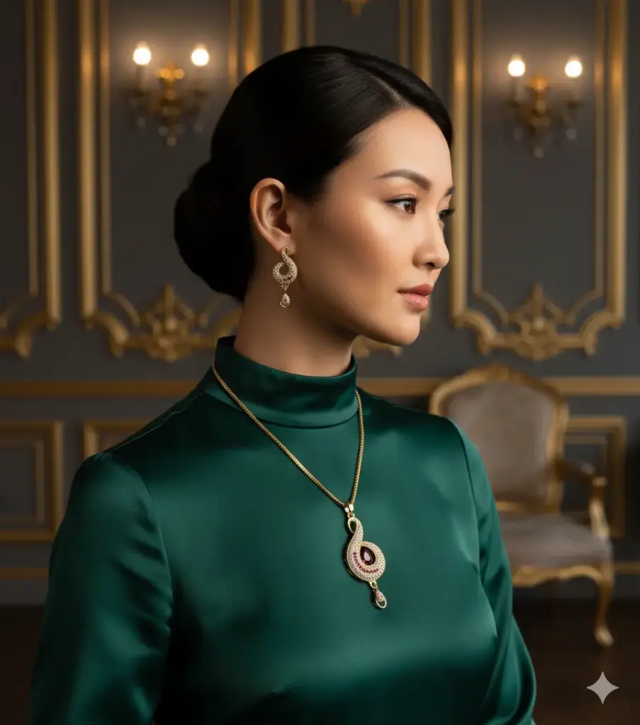 Elegant Designer AD Pendant & Earring Set – Gold Finish with Ruby & White Stones