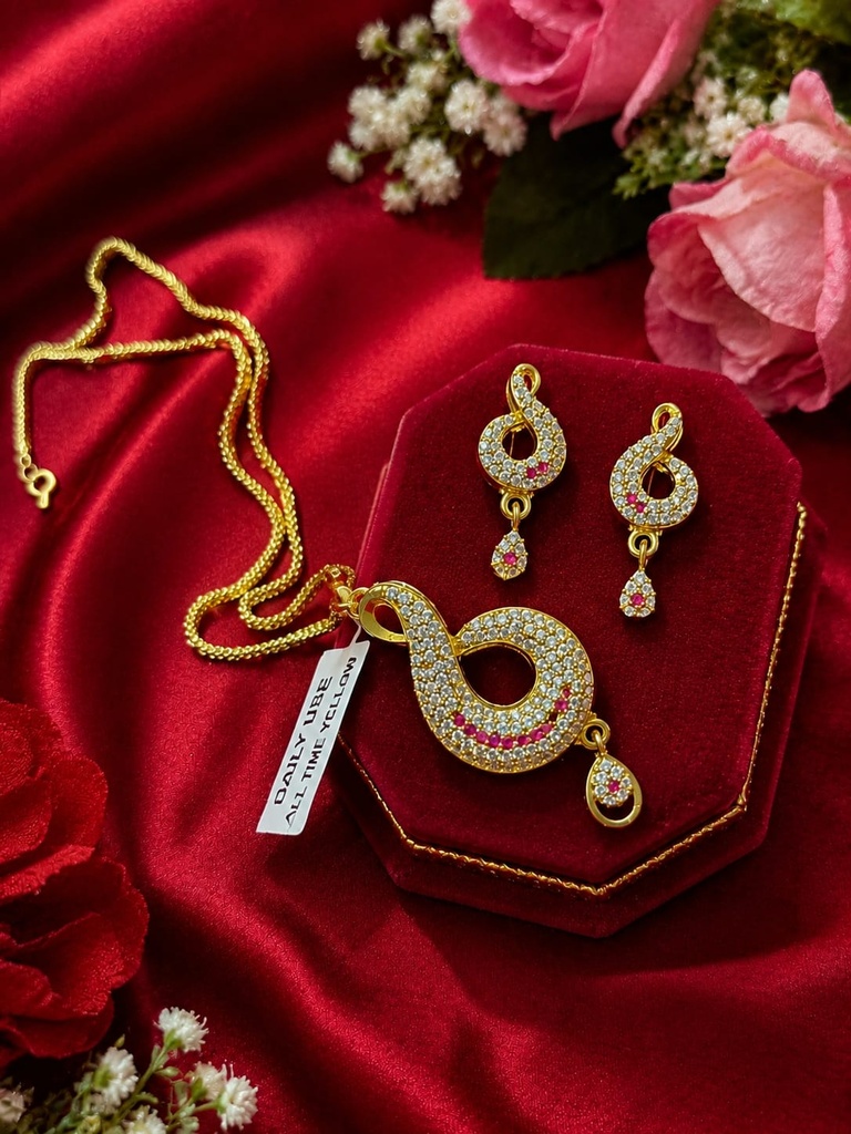Elegant Designer AD Pendant & Earring Set – Gold Finish with Ruby & White Stones
