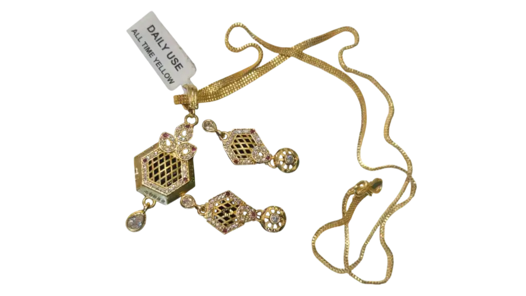 Hexagon Design CZ & Ruby Pendant with Earrings Set