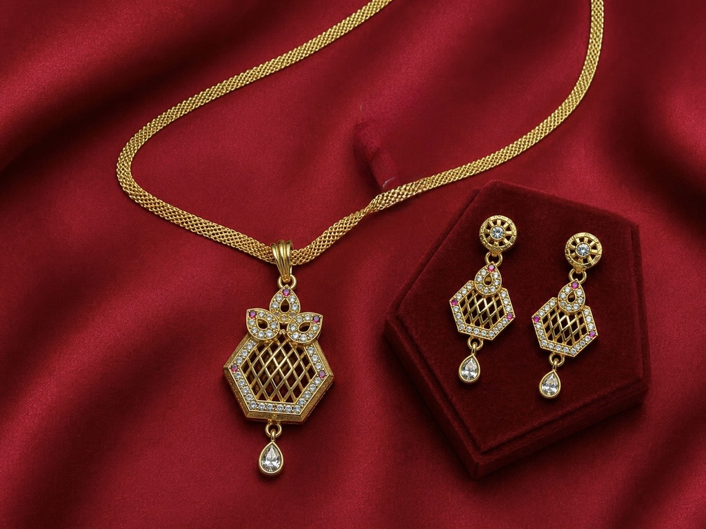 Hexagon Design CZ & Ruby Pendant with Earrings Set