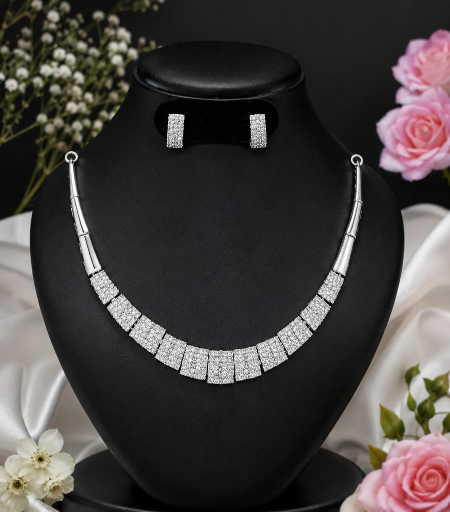 DC Jewelry Layered Choker Necklace Set (Silver-Tone & White Stone)