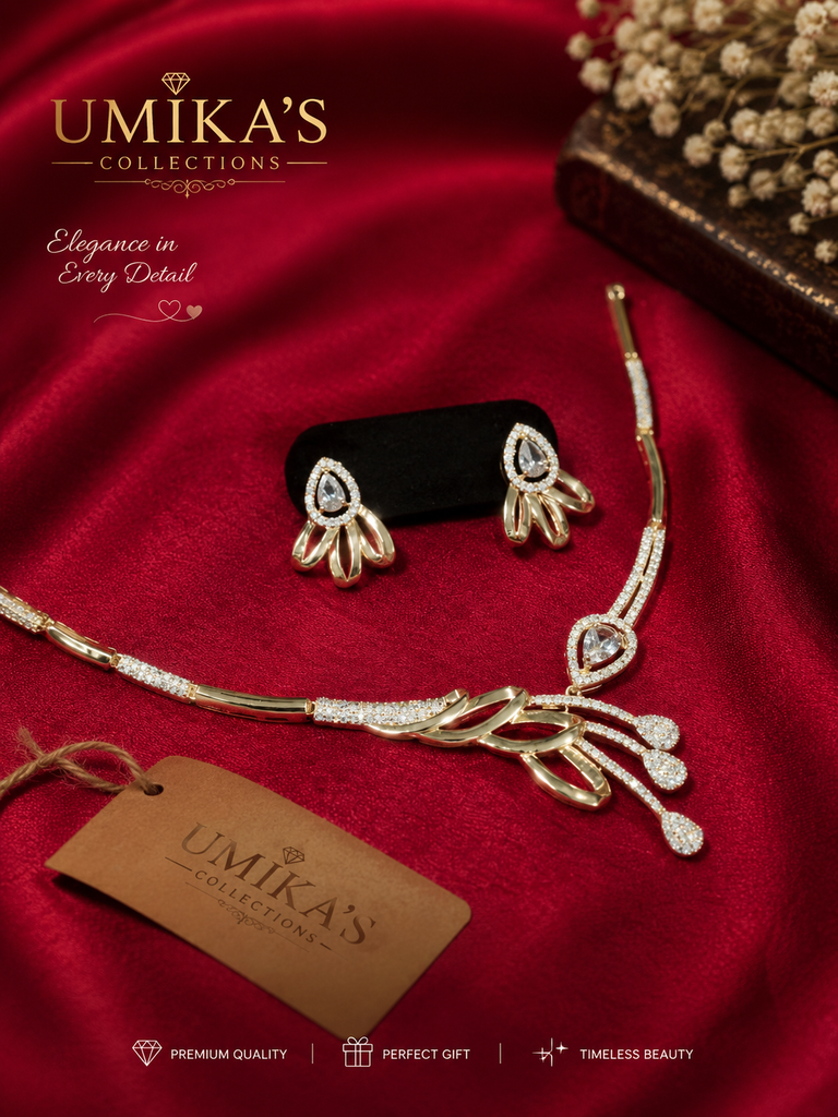 Sparkling Butterfly Heart Crystal Gold Necklace and Earring Set
